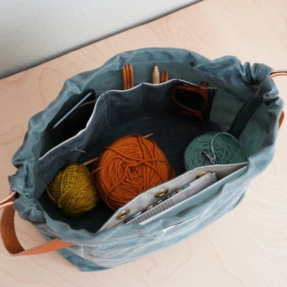 Knitting Project Bag BLUESTONE Waxed Canvas